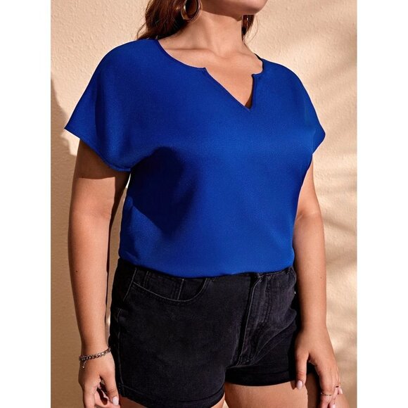 Plus Size Notched Collar Blouse with Batwing Sleeve Size 1XL Color Royal‎ Blue - Picture 4 of 7